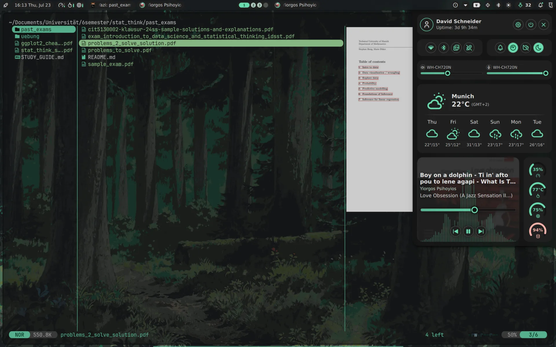 Noctalia control center open over the desktop, showing weather, media player, audio controls and system gauges, with yazi and zathura tiled on the left