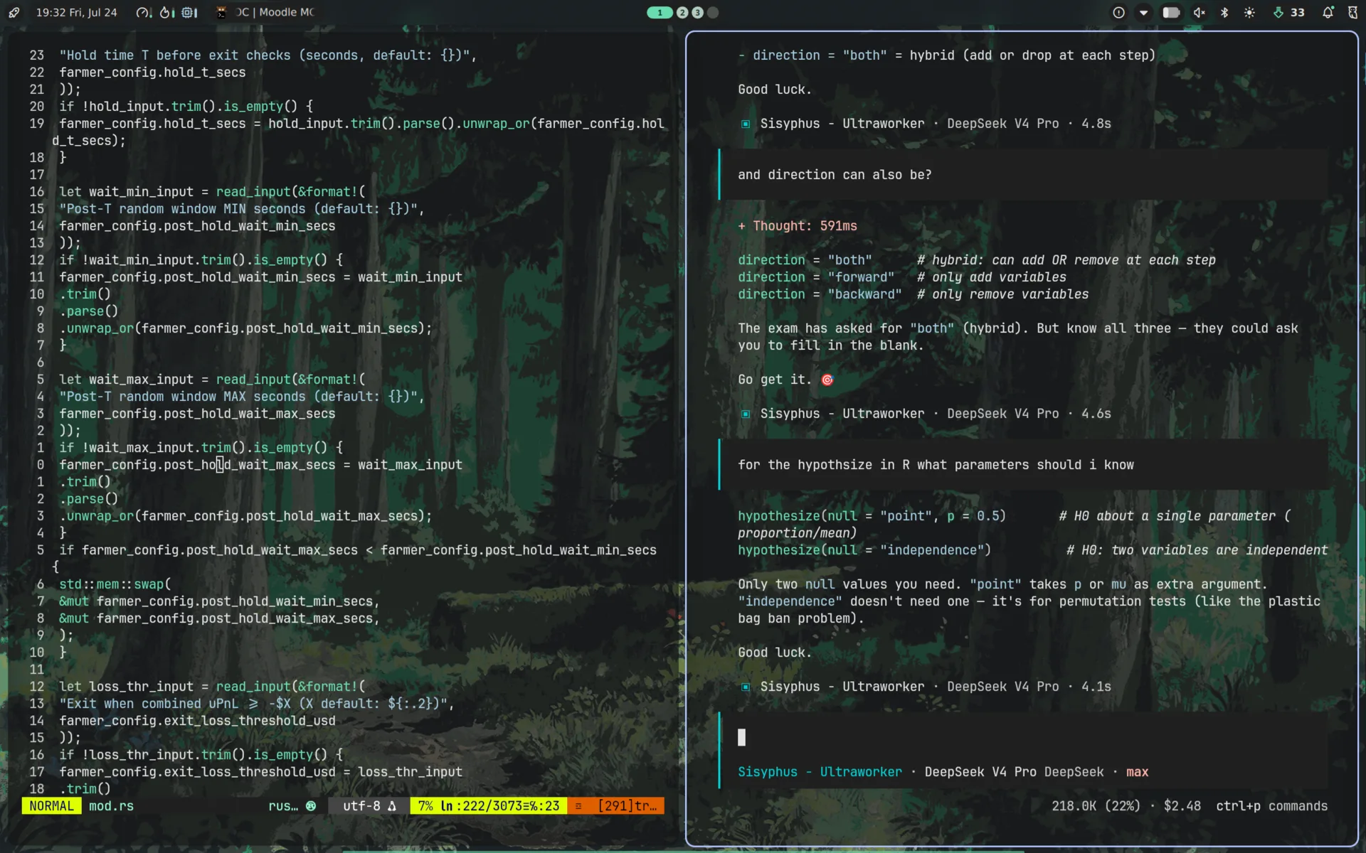 Neovim editing Rust code next to an opencode AI session, both using the Noctalia palette