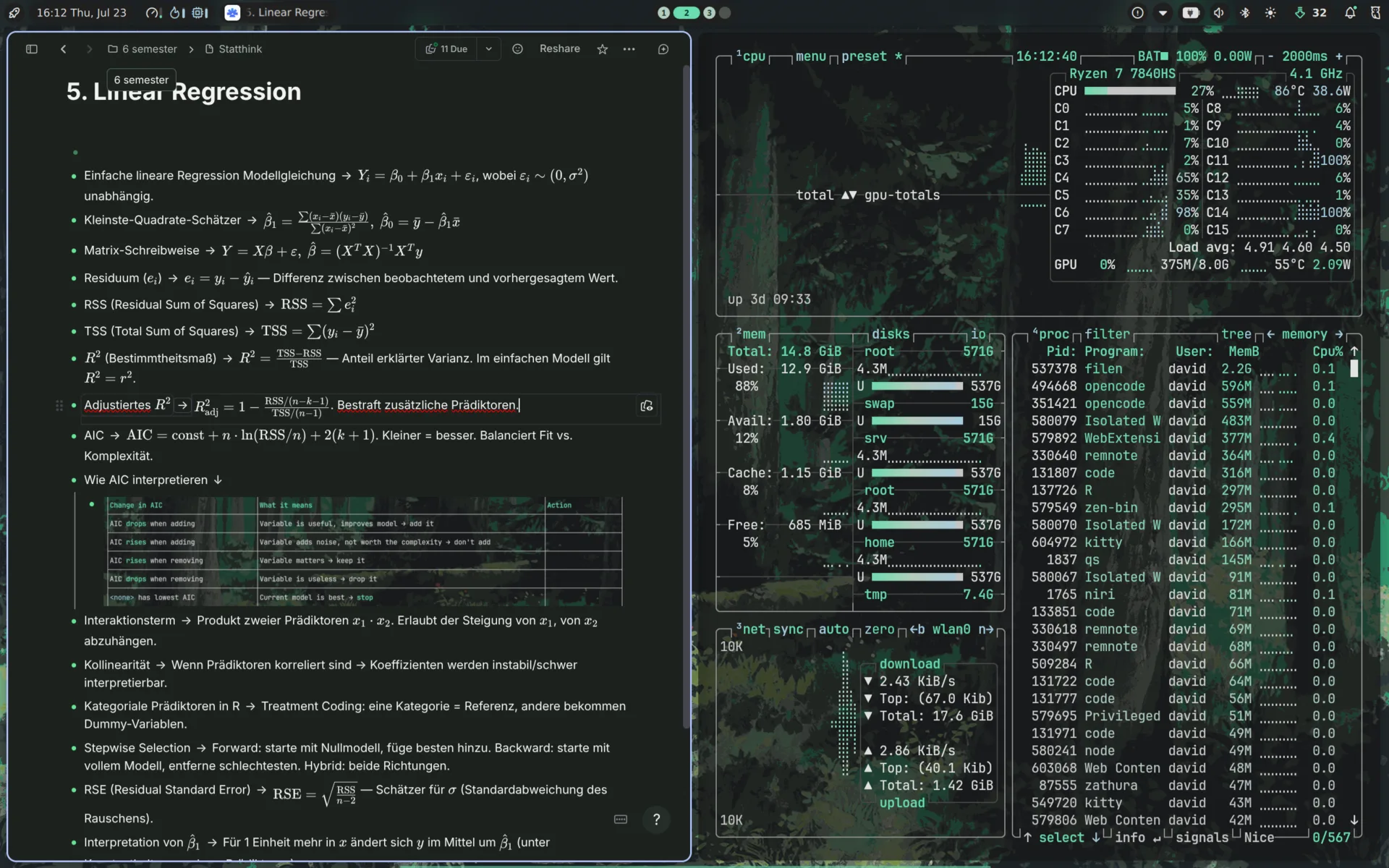RemNote with the auto-generated Noctalia theme next to btop system monitor